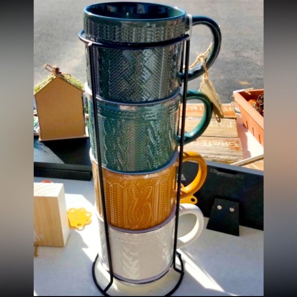 5pc Textured Coffee Mug Set with Black Metal Stand, NEW!